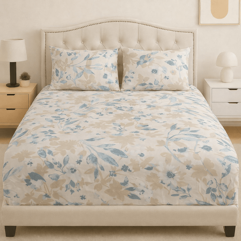 Azure Meadow Cotton Satin Bed Sheet