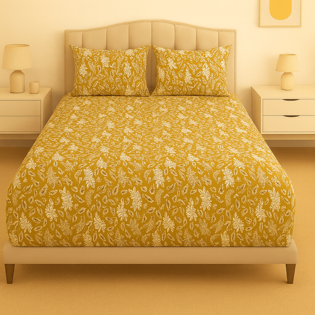 Golden Flora Delight Cotton Percale Bed Sheet