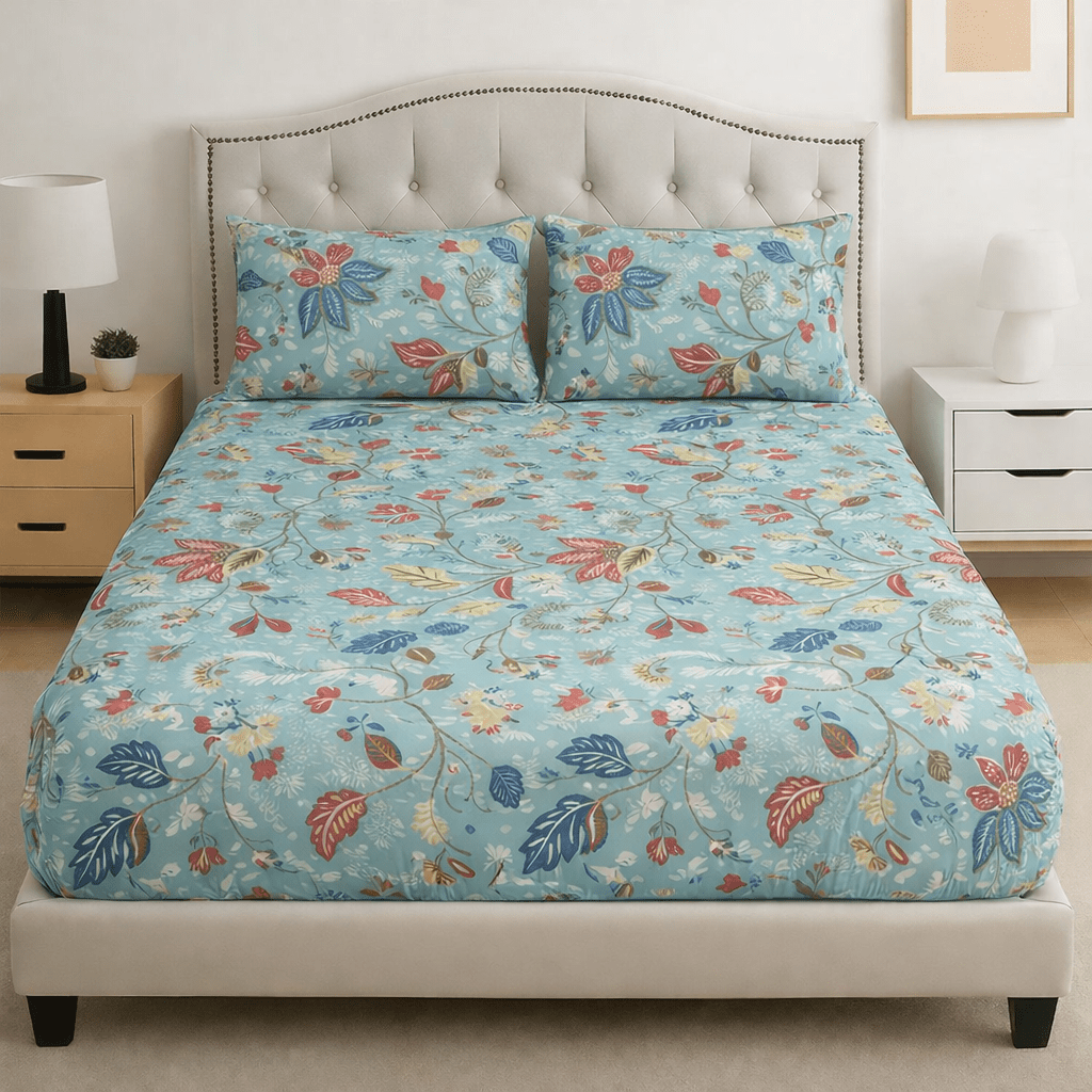 Aqua Bloom Cotton Percale Bed Sheet
