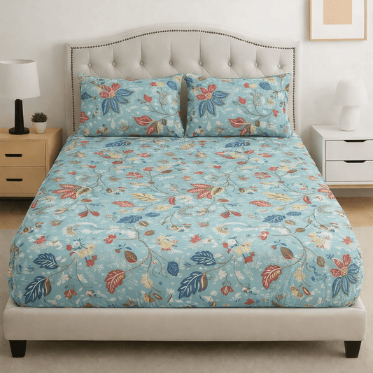 Aqua Bloom Cotton Percale Bed Sheet