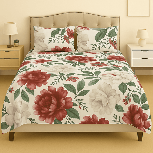 Crimson Bloom Cotton Satin Bed Sheet