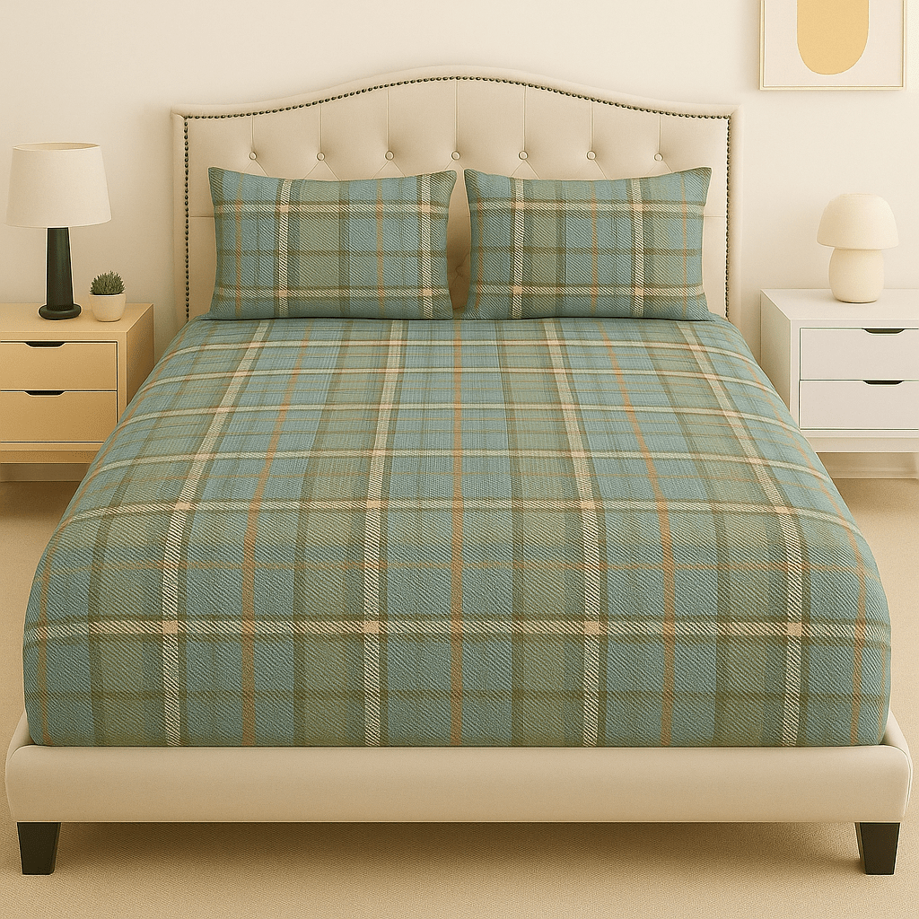 Teal Tartan Cotton Bed Sheet