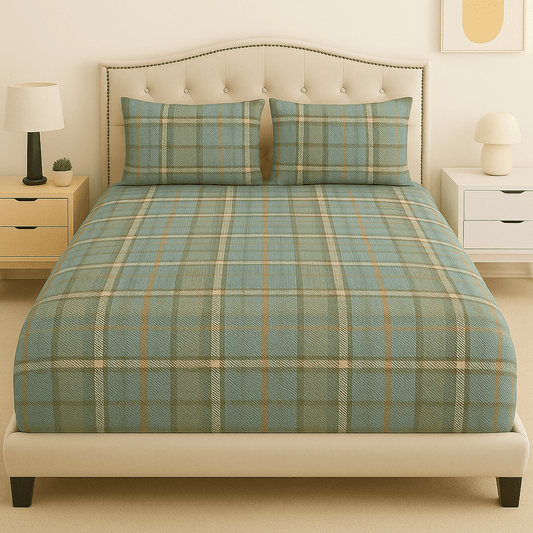 Teal Tartan Cotton Bed Sheet